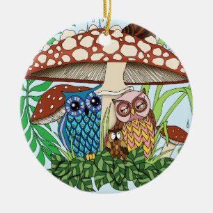 Cute Owl Family Mushroom Rain Ceramic Tree Decoration