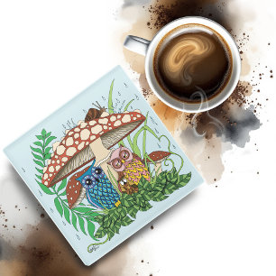 Cute Owl Family Mushroom Rain Glass Coaster