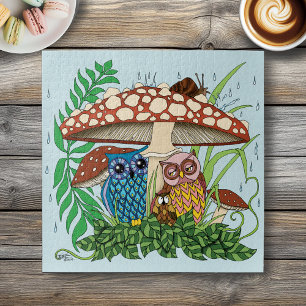 Cute Owl Family Mushroom Rain Jigsaw Puzzle