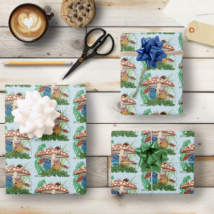 Cute Owl Family Mushroom Rain Wrapping Paper Sheet