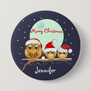 Cute Owl family with Santa hats & custom name 7.5 Cm Round Badge