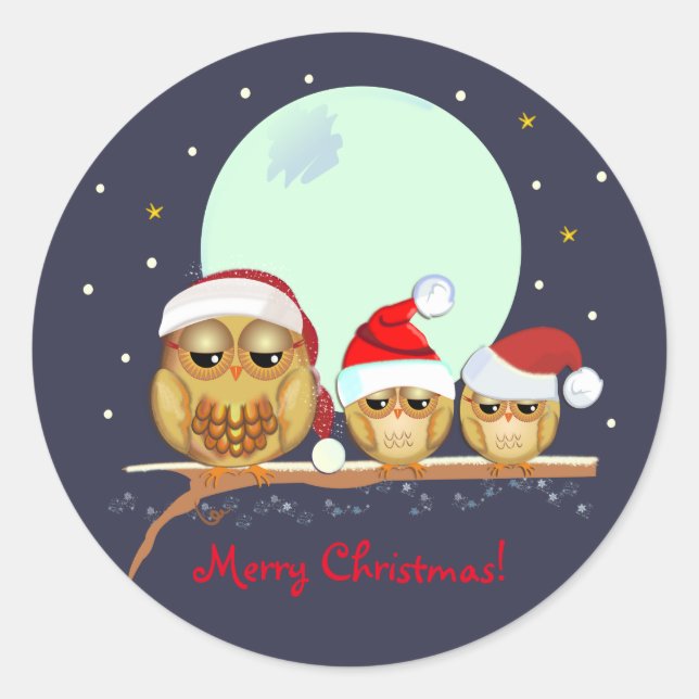 Cute Owl family with Santa hats & custom text Classic Round Sticker (Front)