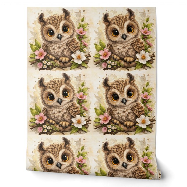 Cute Owl Floral Pattern Wallpaper Nursery (Unrolling)
