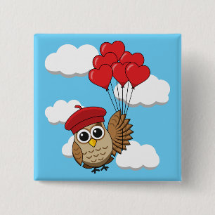 Cute Owl Flying with Heart Balloons 15 Cm Square Badge