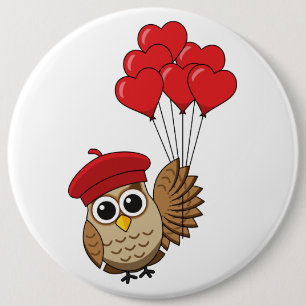 Cute Owl Flying with Heart Balloons 6 Cm Round Badge