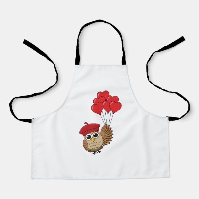 Cute Owl Flying with Heart Balloons Apron (Front)