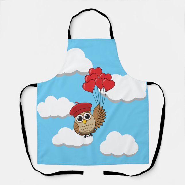 Cute Owl Flying with Heart Balloons Apron (Front)