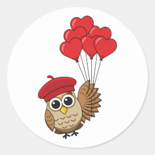 Cute Owl Flying with Heart Balloons Classic Round Sticker