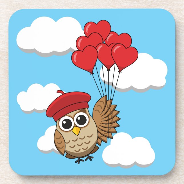 Cute Owl Flying with Heart Balloons Coaster (Front)