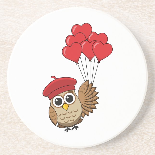 Cute Owl Flying with Heart Balloons Coaster (Front)