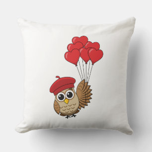 Cute Owl Flying with Heart Balloons Cushion