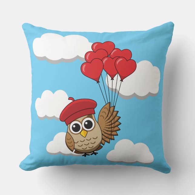 Cute Owl Flying with Heart Balloons Cushion (Front)