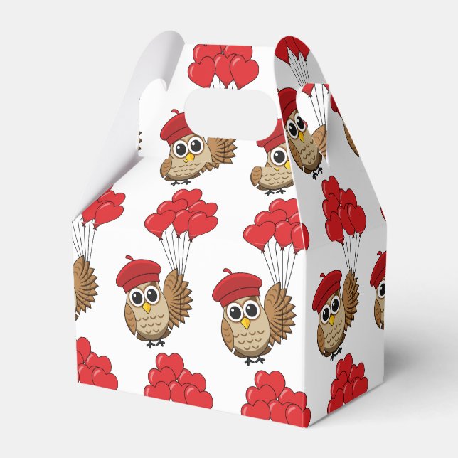 Cute Owl Flying with Heart Balloons Favour Box (Front Side)