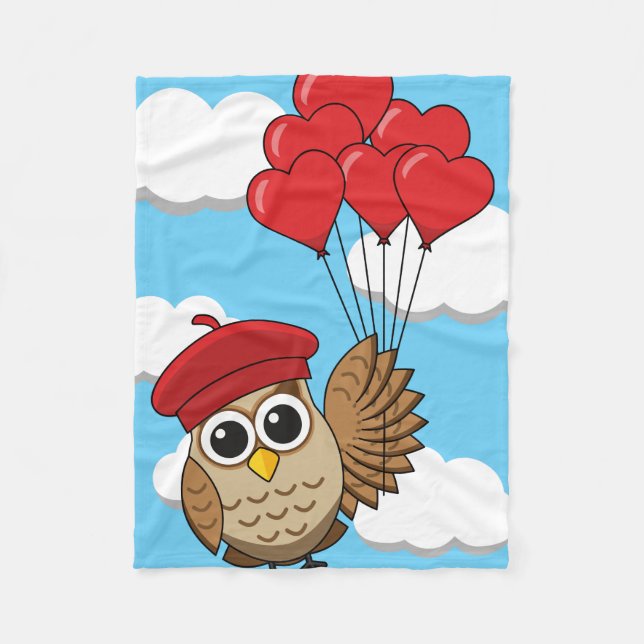 Cute Owl Flying with Heart Balloons Fleece Blanket (Front)