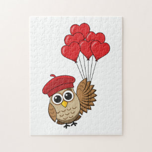 Cute Owl Flying with Heart Balloons Jigsaw Puzzle