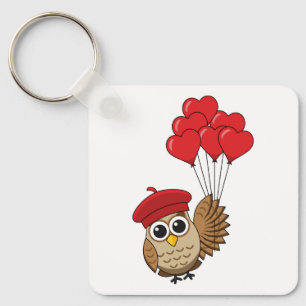 Cute Owl Flying with Heart Balloons Key Ring