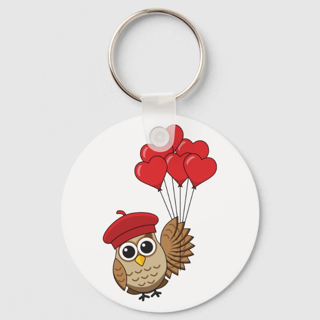 Cute Owl Flying with Heart Balloons Key Ring (Front)