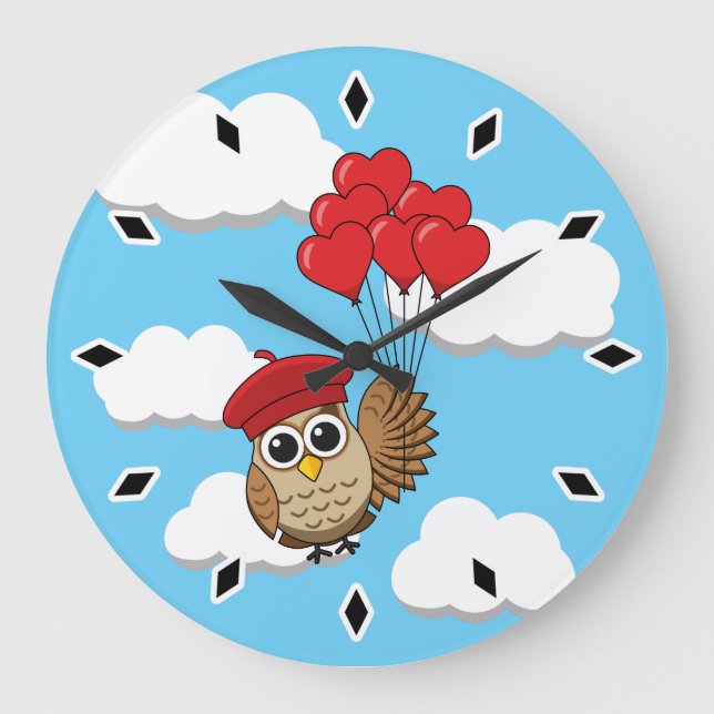 Cute Owl Flying with Heart Balloons Large Clock (Front)