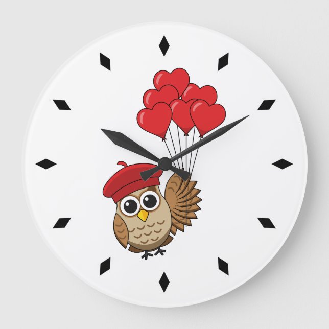 Cute Owl Flying with Heart Balloons Large Clock (Front)