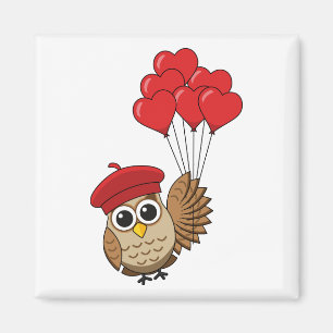 Cute Owl Flying with Heart Balloons Magnet