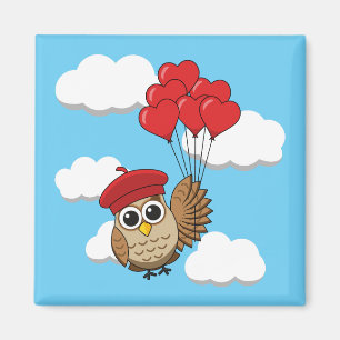 Cute Owl Flying with Heart Balloons Magnet