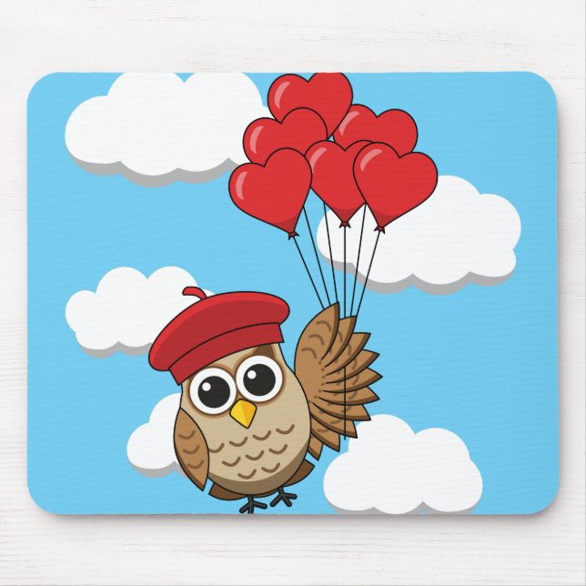 Cute Owl Flying with Heart Balloons Mouse Pad (Front)