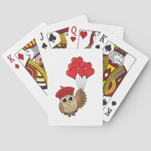 Cute Owl Flying with Heart Balloons Playing Cards