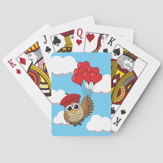 Cute Owl Flying with Heart Balloons Playing Cards (Back)