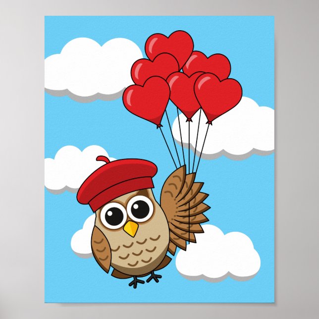 Cute Owl Flying with Heart Balloons Poster (Front)