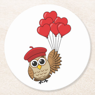 Cute Owl Flying with Heart Balloons Round Paper Co Round Paper Coaster