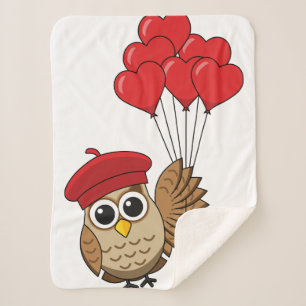 Cute Owl Flying with Heart Balloons Sherpa Blanket