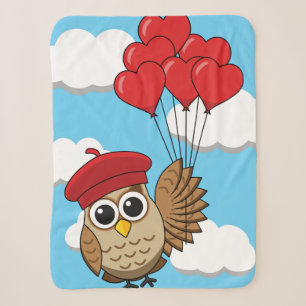 Cute Owl Flying with Heart Balloons Sherpa Blanket