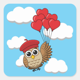 Cute Owl Flying with Heart Balloons Square Sticker