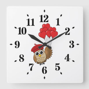 Cute Owl Flying with Heart Balloons Square Wall Clock