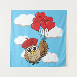 Cute Owl Flying with Heart Balloons Tapestry