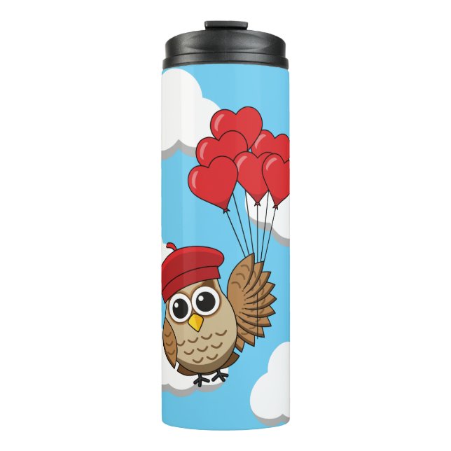 Cute Owl Flying with Heart Balloons Thermal Tumbler (Front)