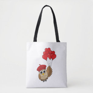 Cute Owl Flying with Heart Balloons Tote Bag