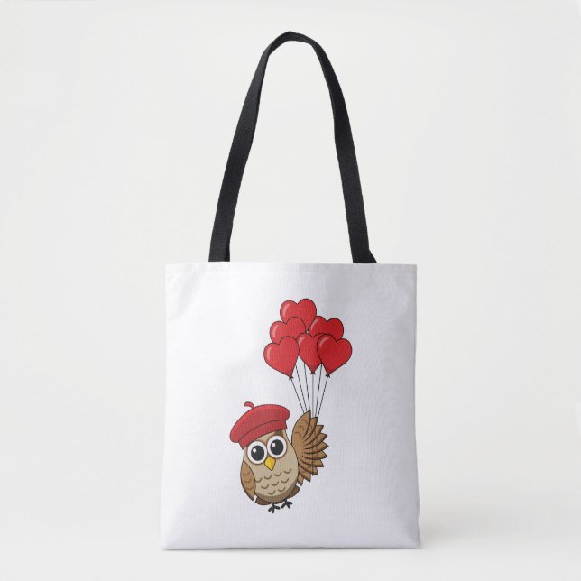 Cute Owl Flying with Heart Balloons Tote Bag (Front)