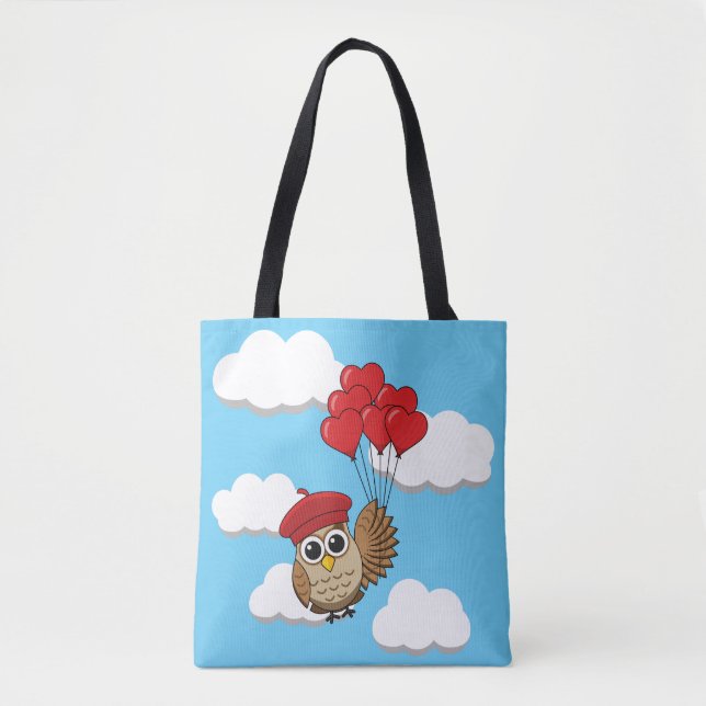 Cute Owl Flying with Heart Balloons Tote Bag (Front)