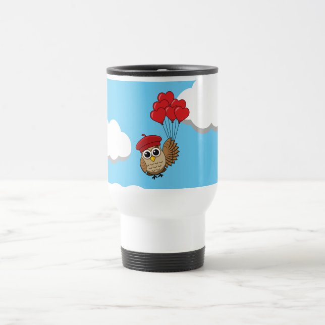 Cute Owl Flying with Heart Balloons Travel Mug (Center)