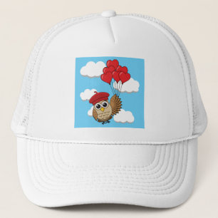 Cute Owl Flying with Heart Balloons Trucker Hat