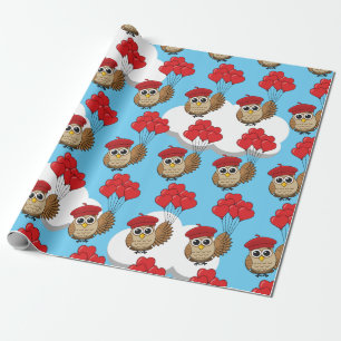 Cute Owl Flying with Heart Balloons Wrapping Paper
