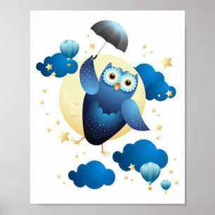 Cute Owl Flying with Umbrella  Poster