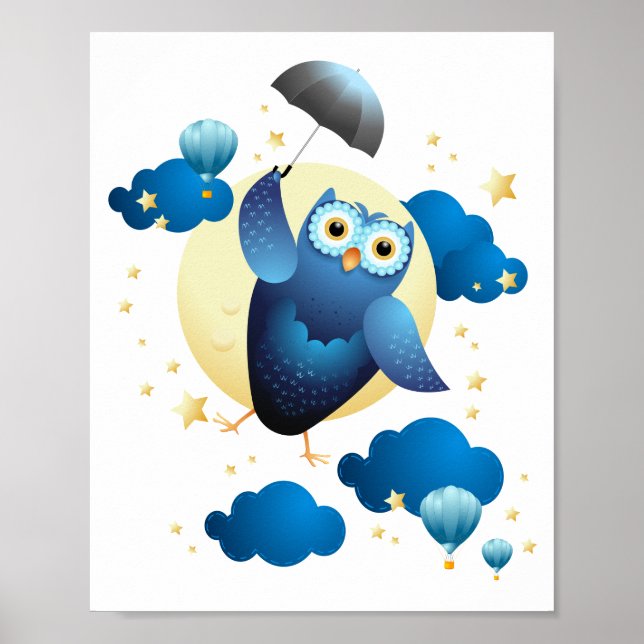 Cute Owl Flying with Umbrella  Poster (Front)