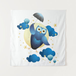 Cute Owl Flying with Umbrella  Tapestry