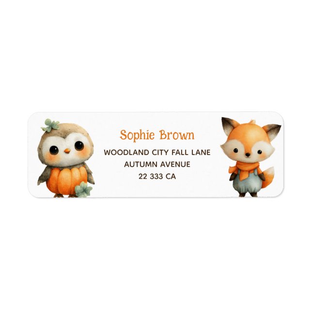 Cute Owl& Fox Woodland Animals Return Address  Label (Front)
