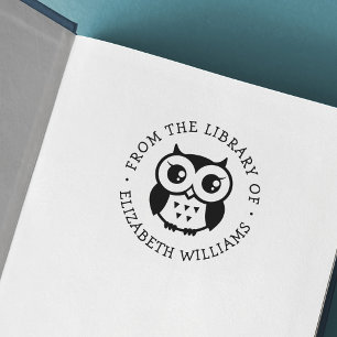 Cute owl from the library of book add name rubber stamp