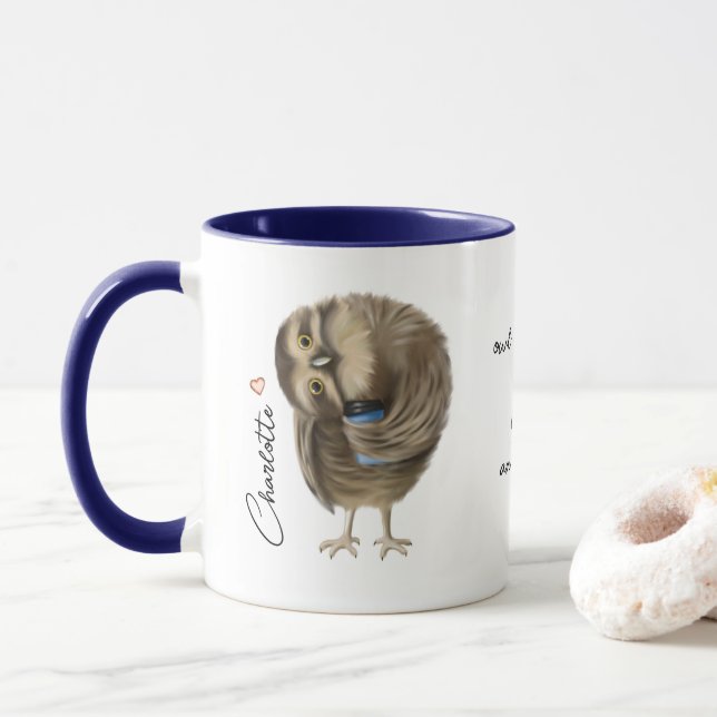 Cute Owl Funny Love Script Personalised Name Mug (With Donut)