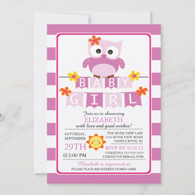 Cute Owl Girl Baby Shower Invitation (Front)