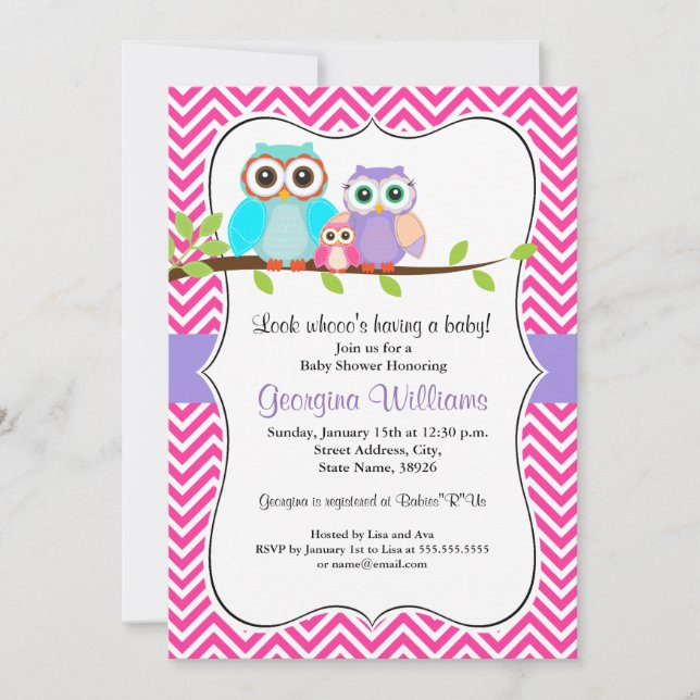 Cute Owl Girl Baby Shower Invitation - Pink (Front)